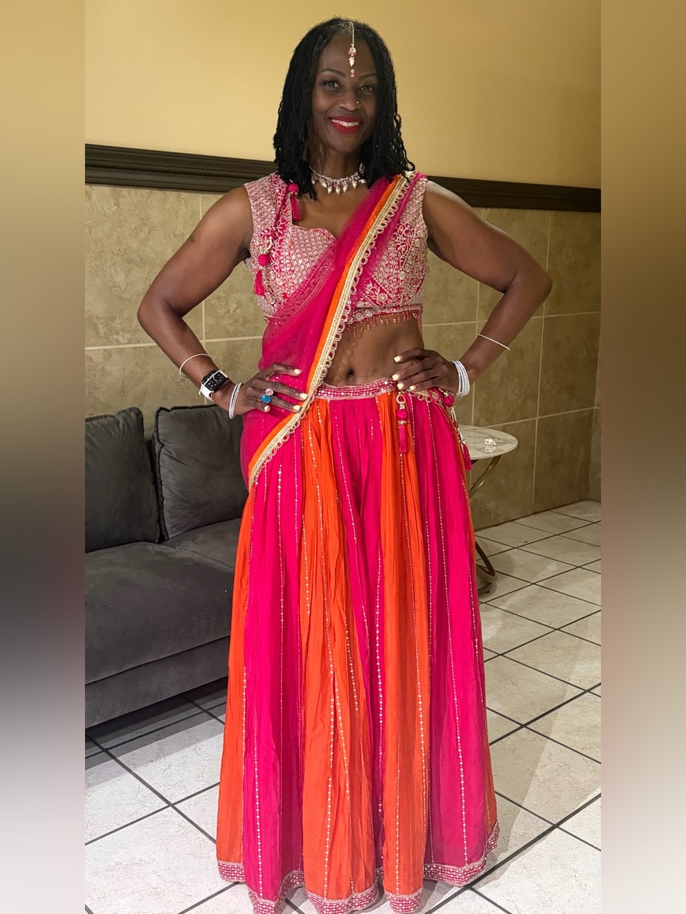Beautiful Handmade Lehenga
Bright Pink & Orange with sequins and beading.